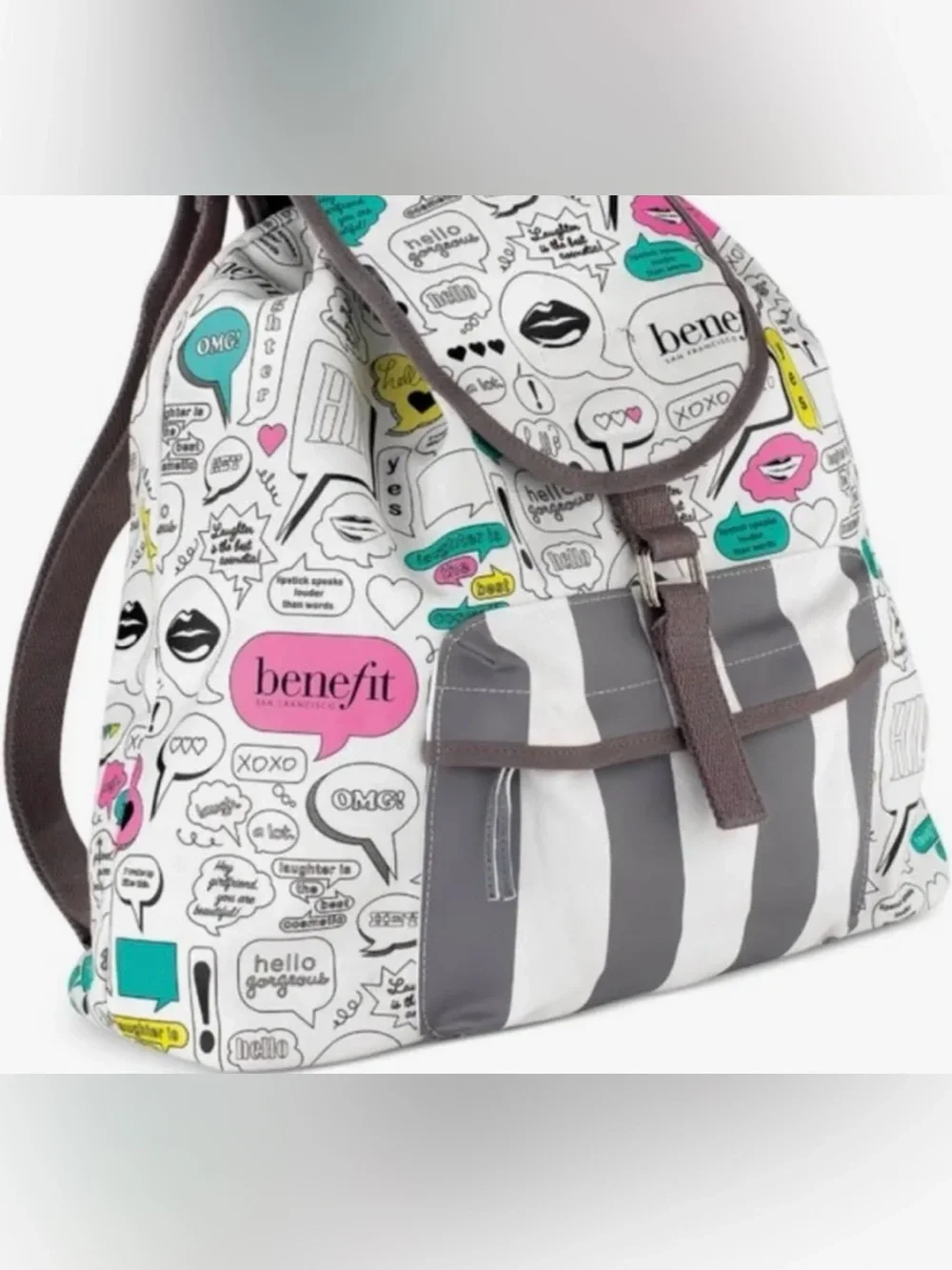 Benefit White Graphic Stripe Tote with Pink & Teal Accents
